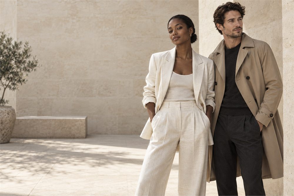 Editorial fashion campaign example with neutral tailoring