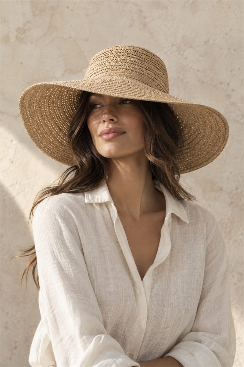 Summer lookbook with a straw hat and natural linen