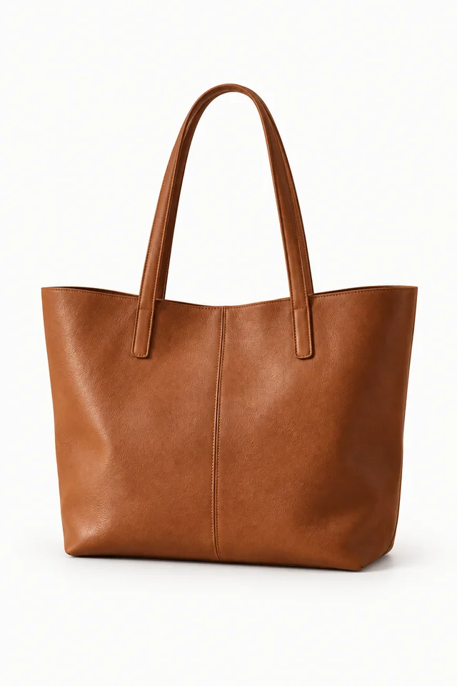 Illustrative product reference: cognac leather tote on a clean background
