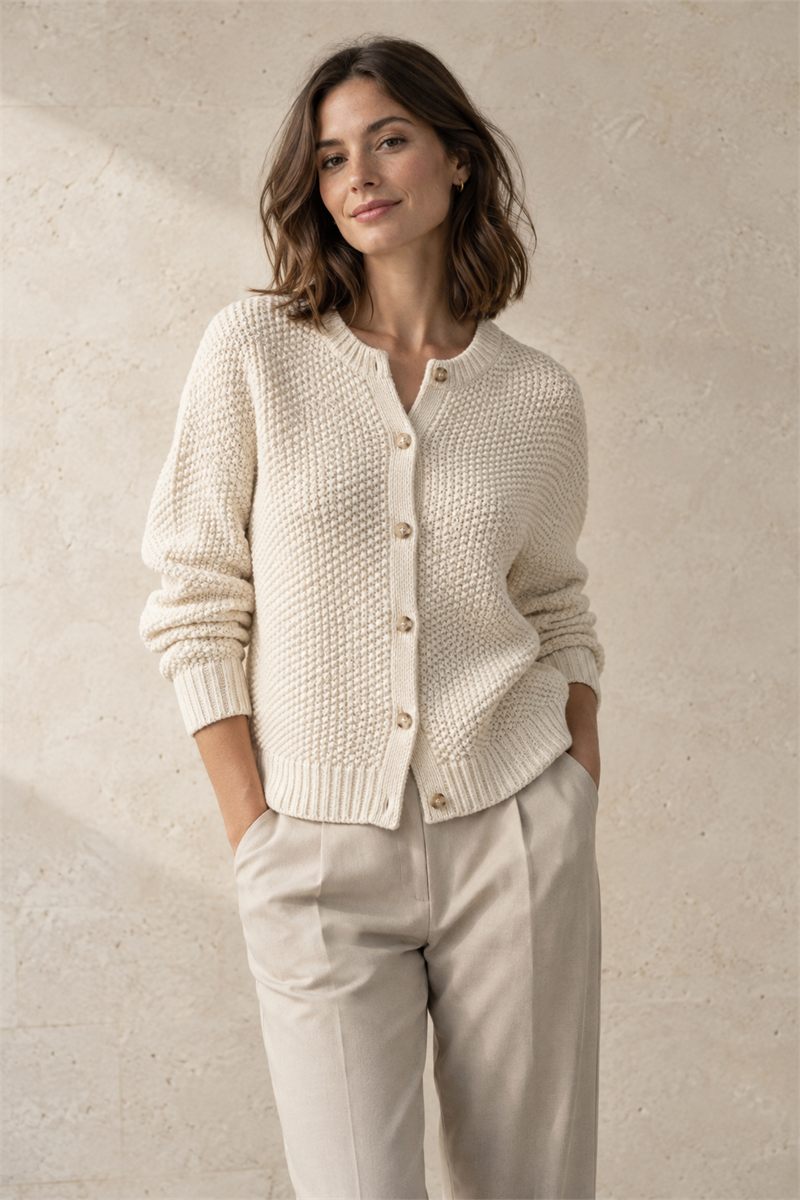 Ecru knit cardigan styled with neutral trousers