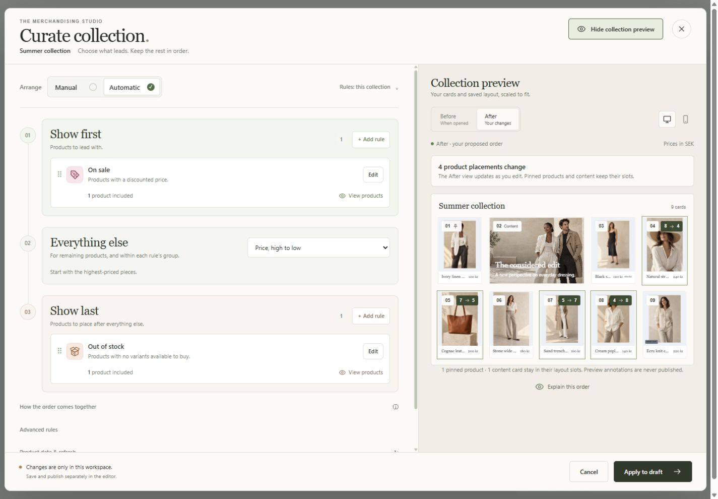 MerchCanvas sorting workspace with Show first and Show last rules beside a preview of the collection order