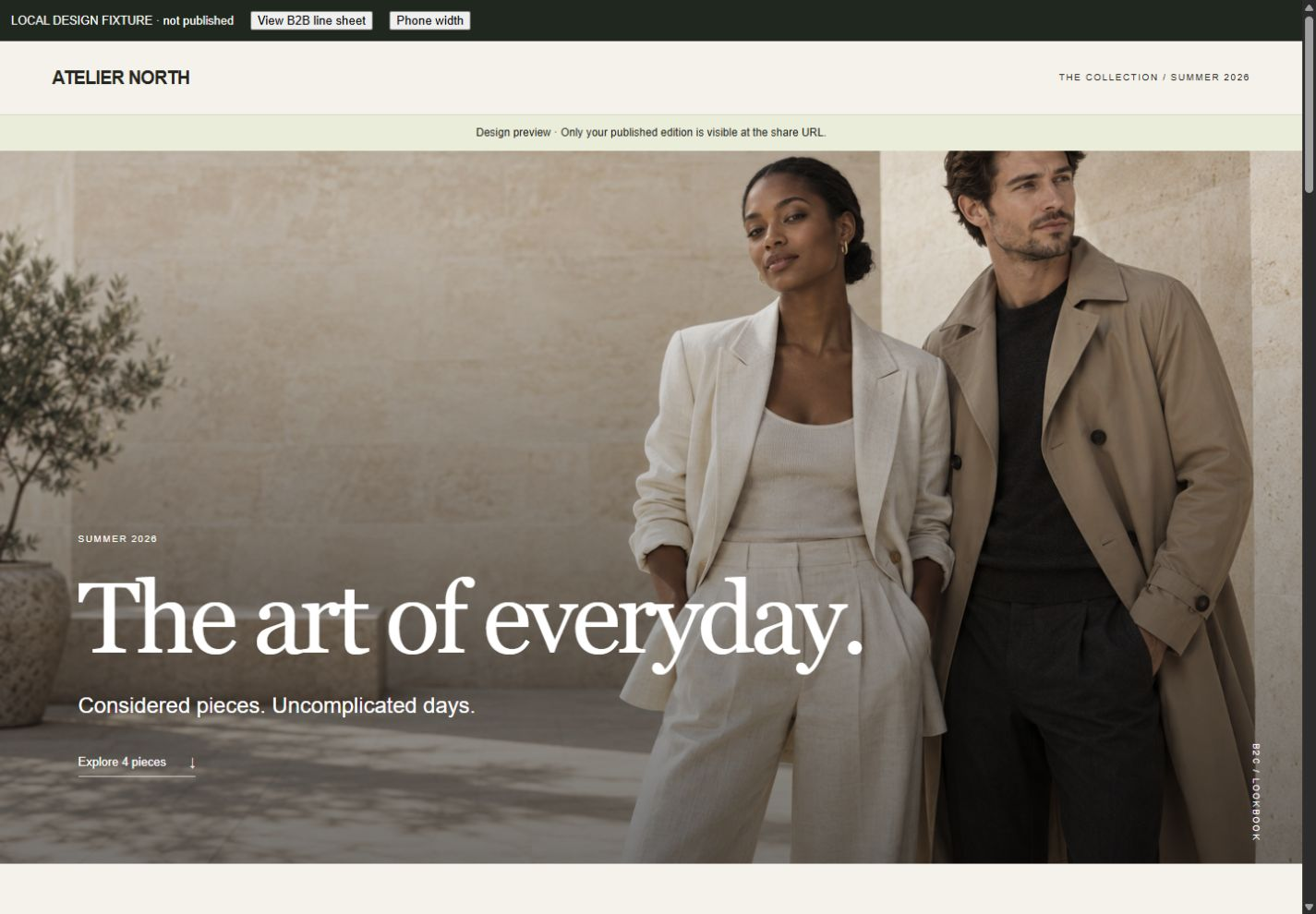 MerchCanvas finished-lookbook presentation with a campaign cover, collection title and introduction for the recipient