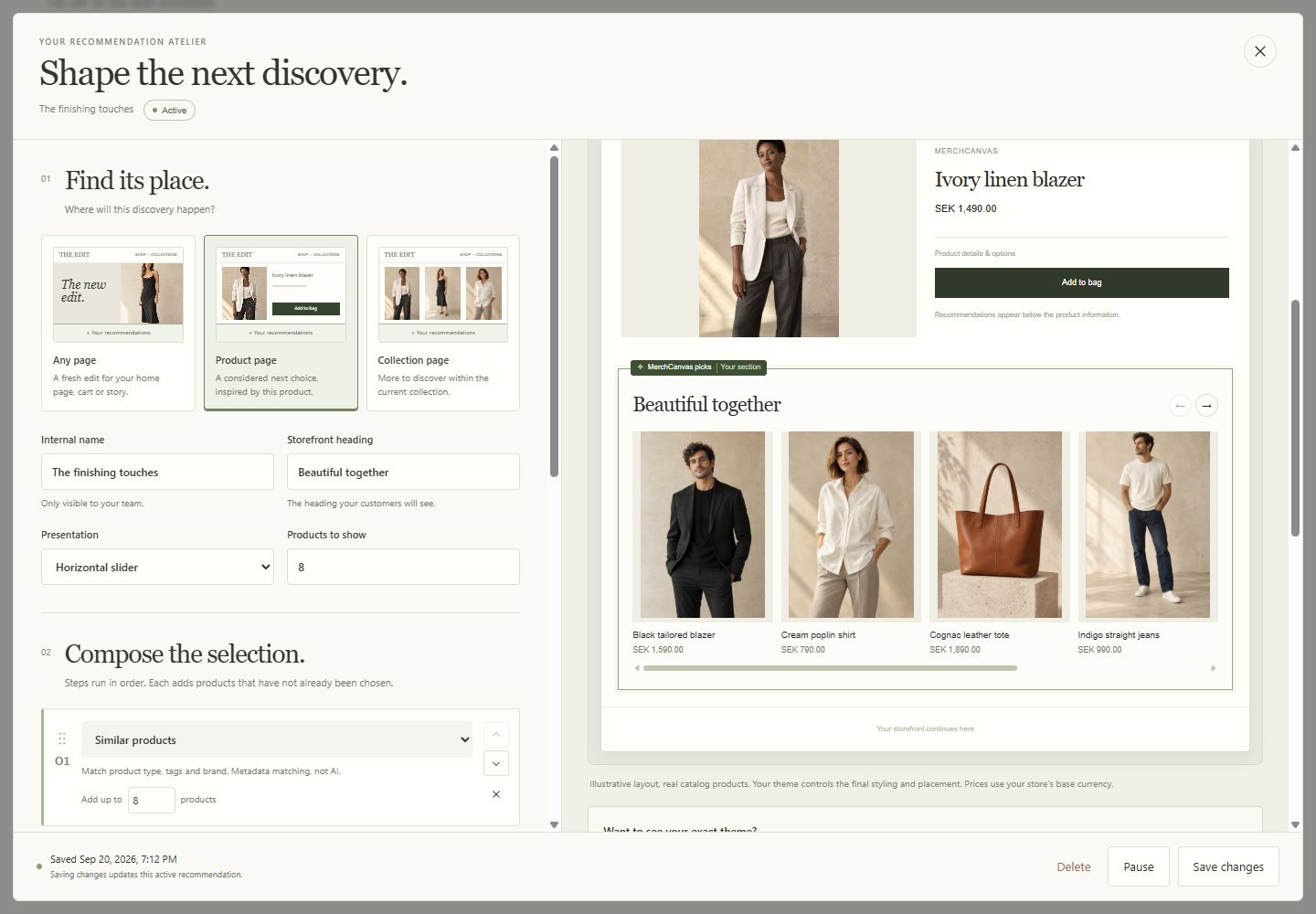 MerchCanvas recommendation editor with ordered selection rules and a storefront-style product preview