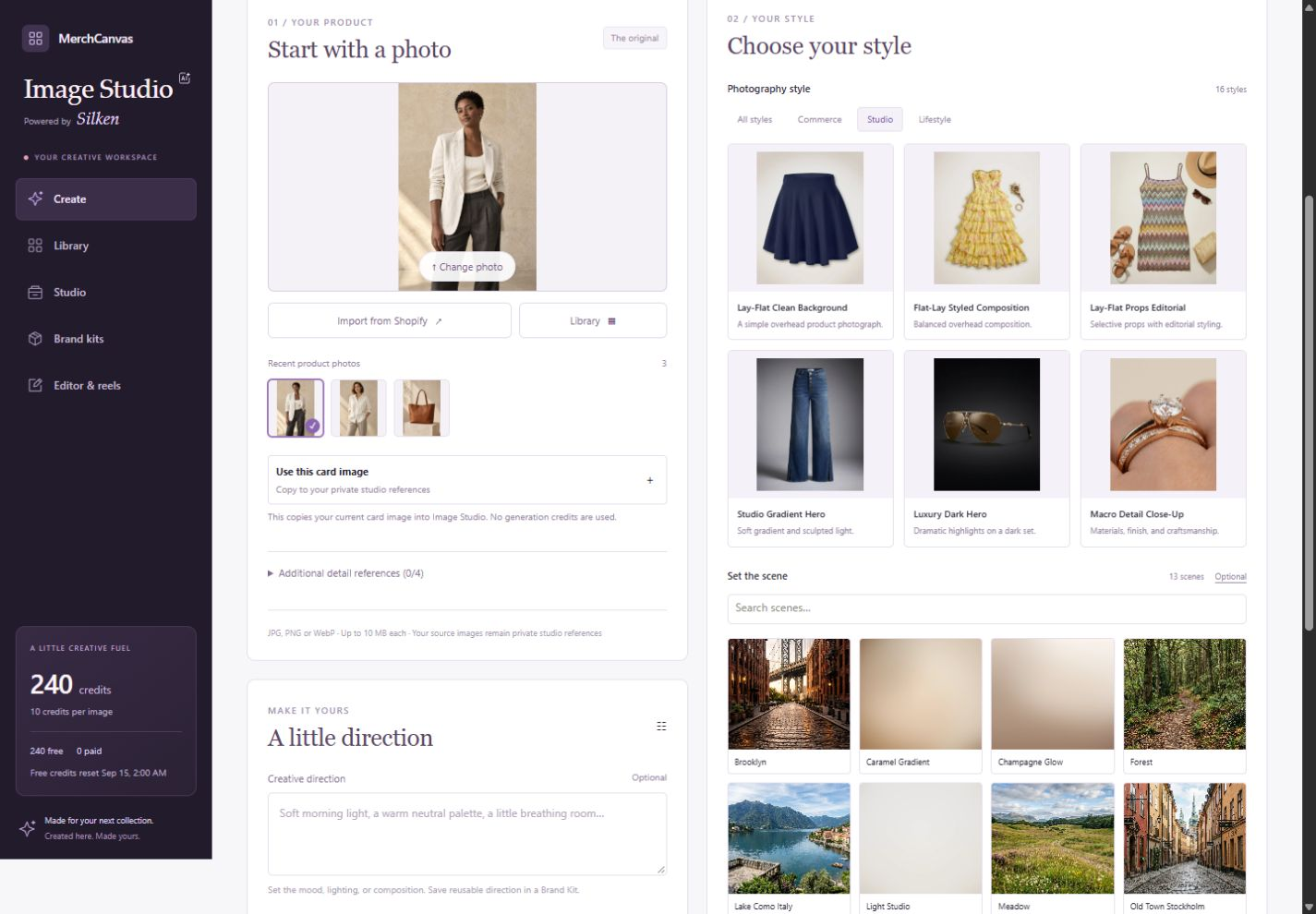 Image Studio AI photography style picker with visual previews and Commerce, Studio and Lifestyle filters